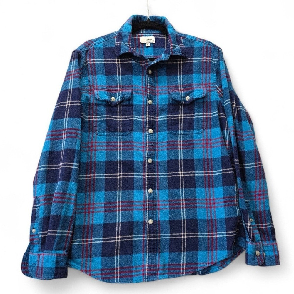 Sonoma Goods For Life Mens Blue Red Plaid Flannel Button Down Shirt Size Medium
